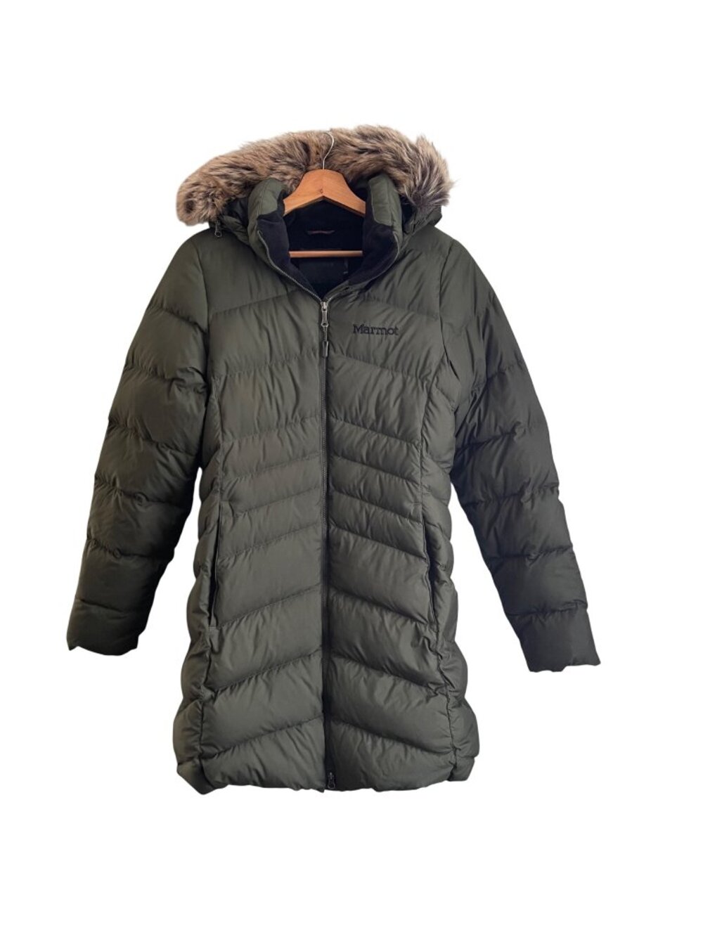 Marmot Womens Olive Green Down Puffer Coat Size M Minimalist Outdoor Gorpcore